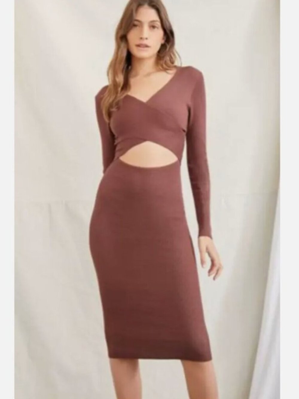 Forever 21 Brown Surplice Cutout Midi Sweater Dress Size Small